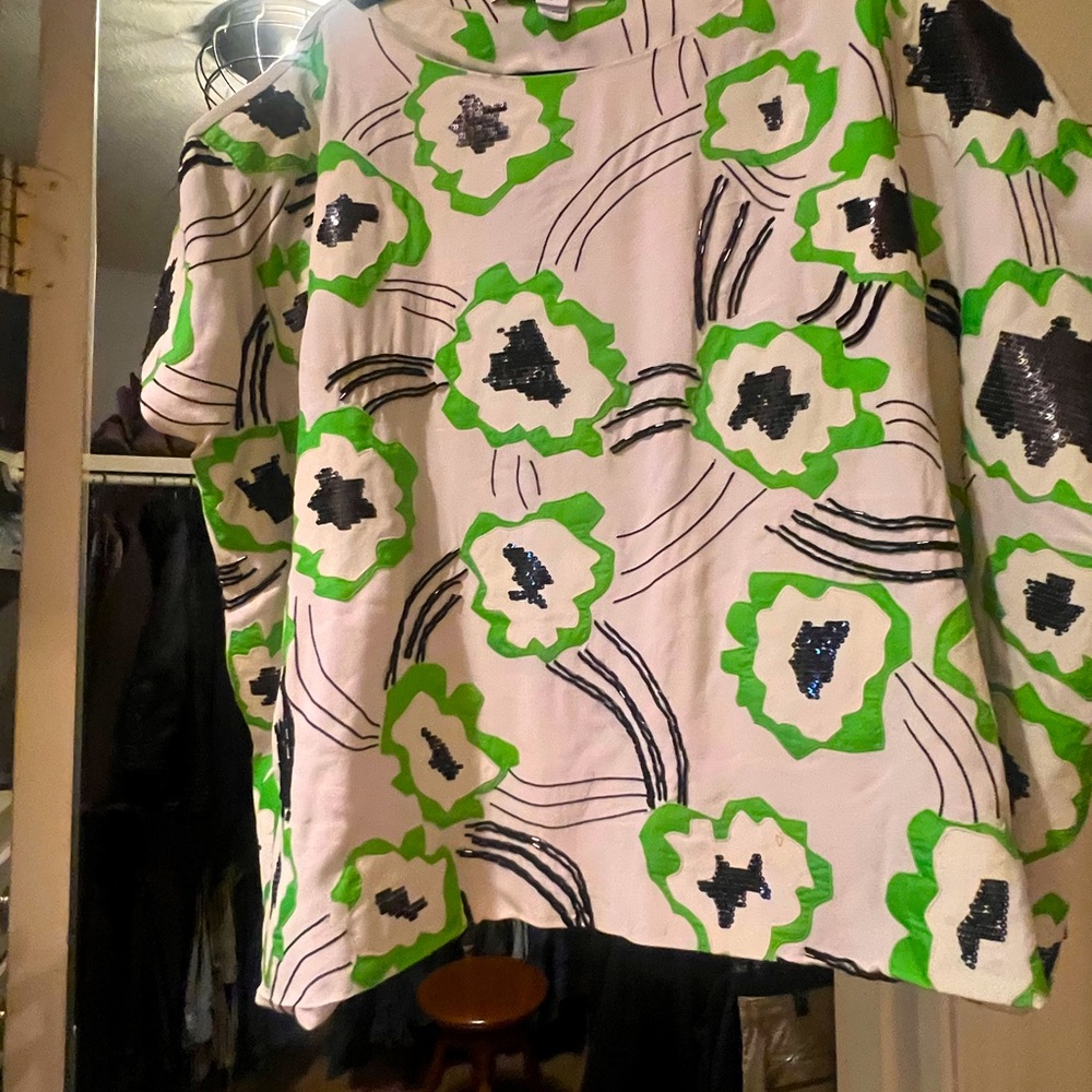 Diane von Furstenberg silk boxy top with black sequins and green flowers